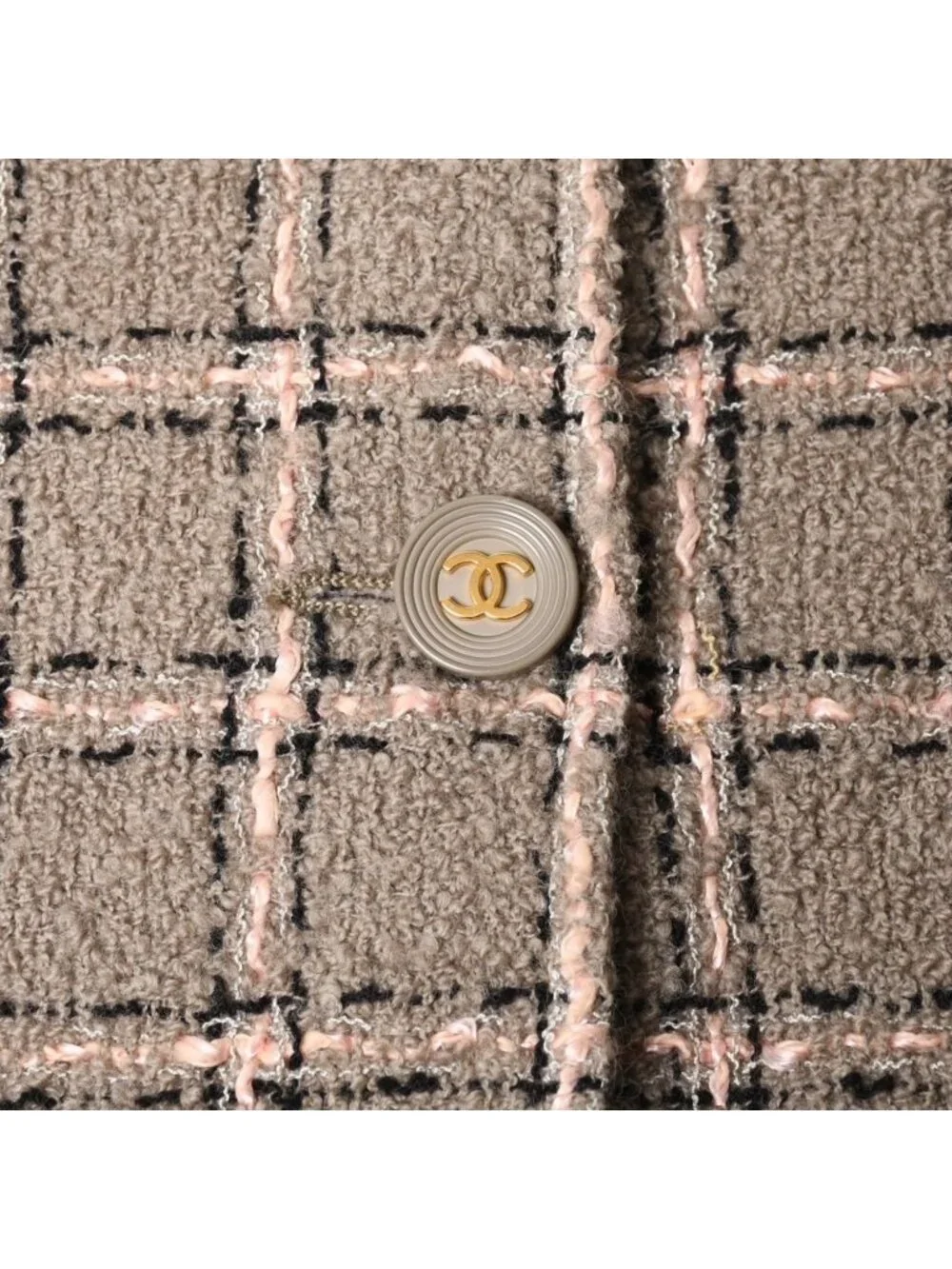 Chanel Tweed Tailored Jacket CC Logo Wool Khaki Pink Black